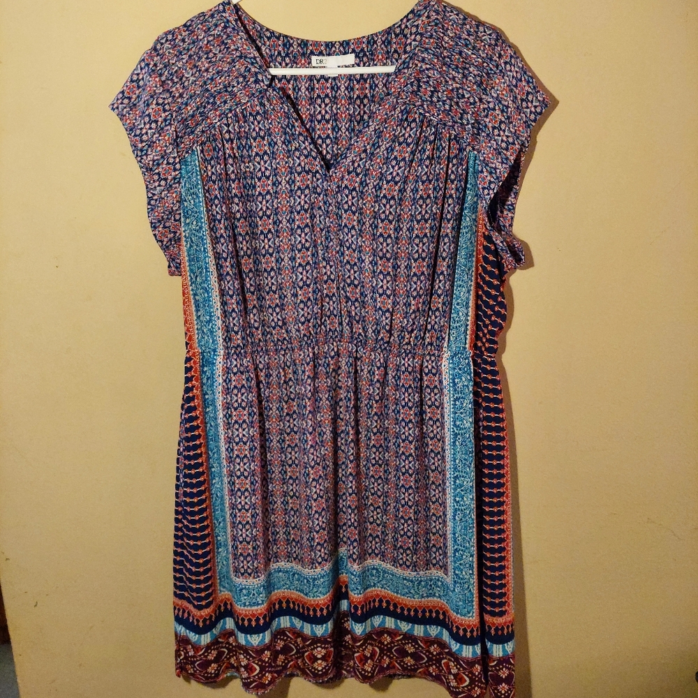 DR2 sleeveless boho Indian print navy orange dress. Size XL